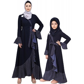 Polka dotted mother and daughter matching combo abaya- Navy Blue